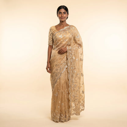 Golden Glow Organza Silk Saree on model - front