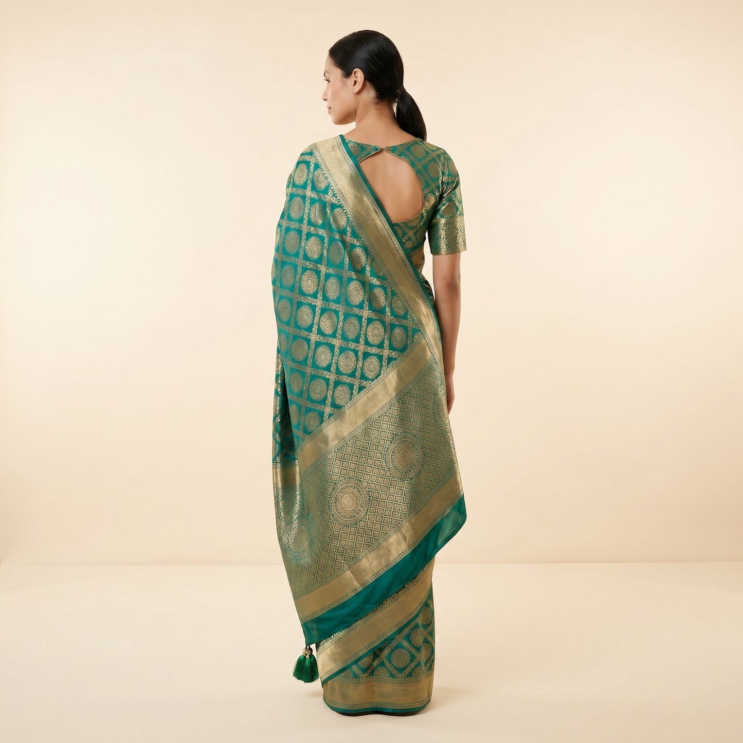 Elegant Green Banarasi Silk Saree on model - back
