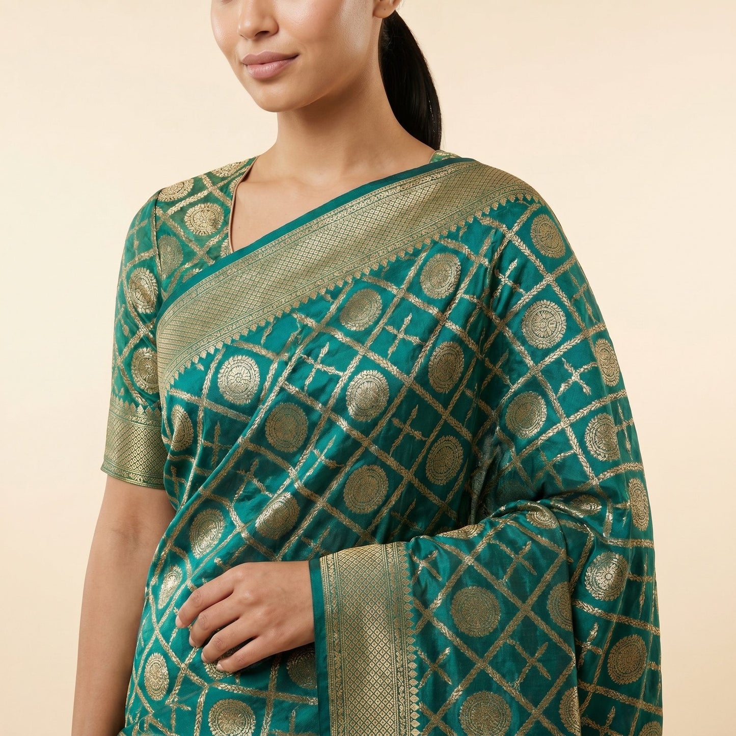 Elegant Green Banarasi Silk Saree on model - detail
