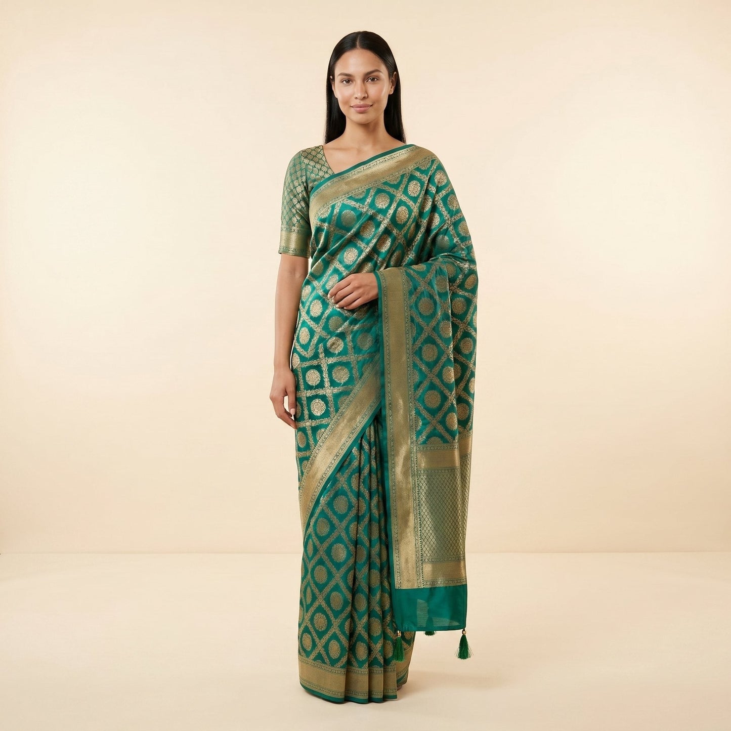 Elegant Green Banarasi Silk Saree on model - front