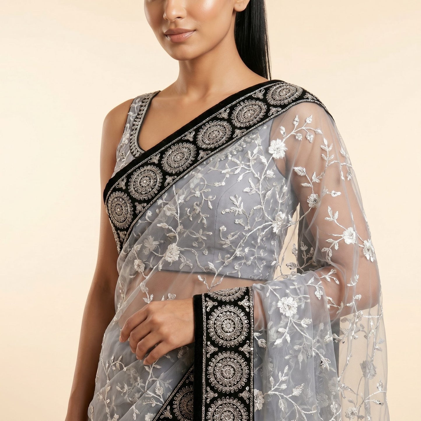 Graceful Grey Black Net Embroidered Saree on model - detail