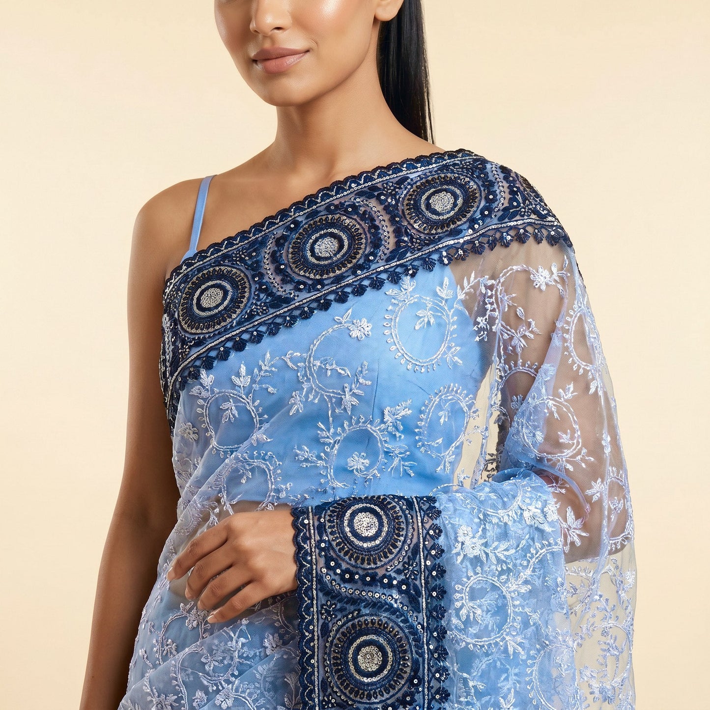 Graceful Grey Black Net Embroidered Saree on model - detail