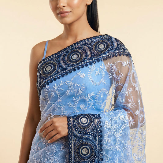 Graceful Grey Black Net Embroidered Saree on model - detail