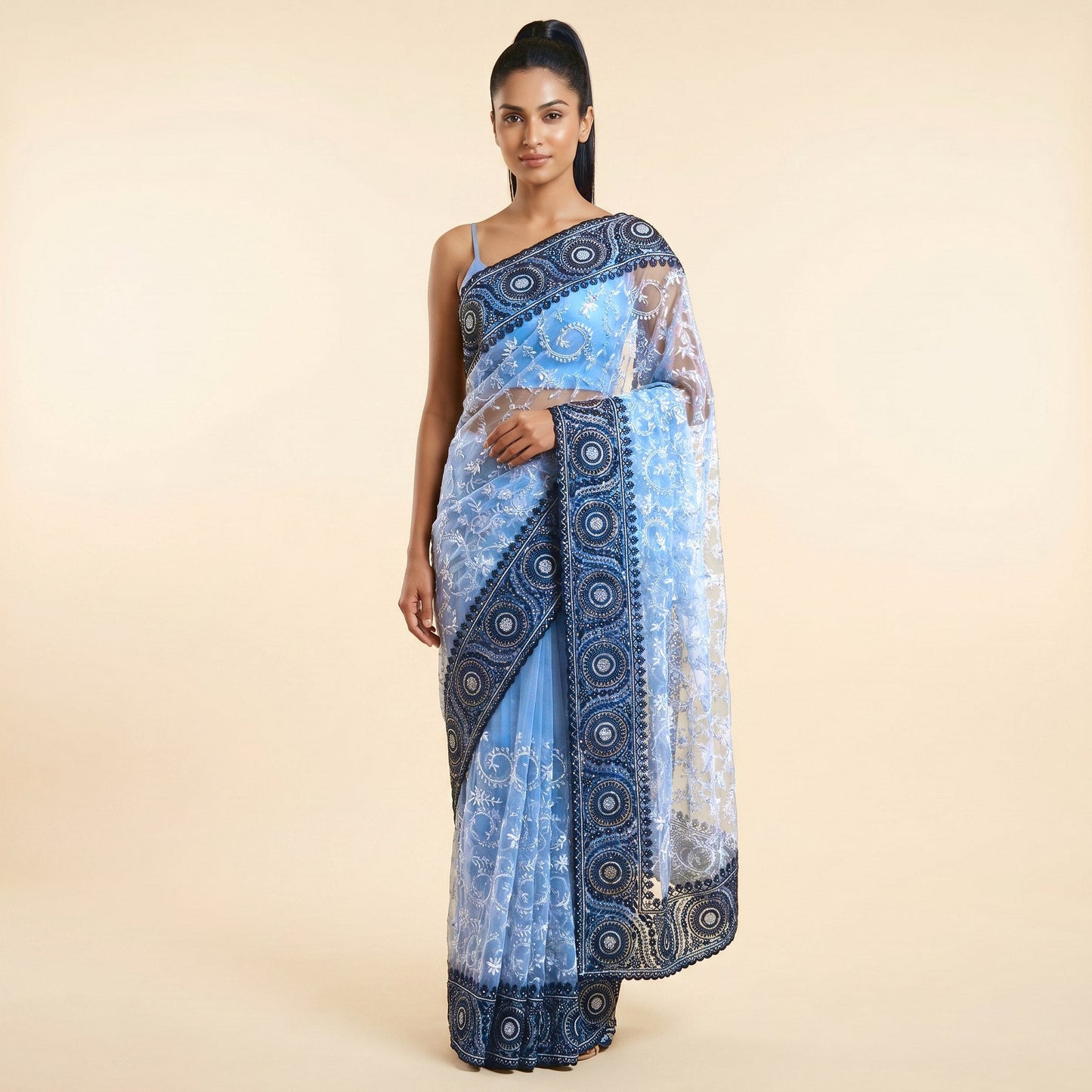Graceful Grey Black Net Embroidered Saree on model - front