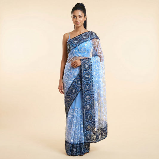 Graceful Grey Black Net Embroidered Saree on model - front