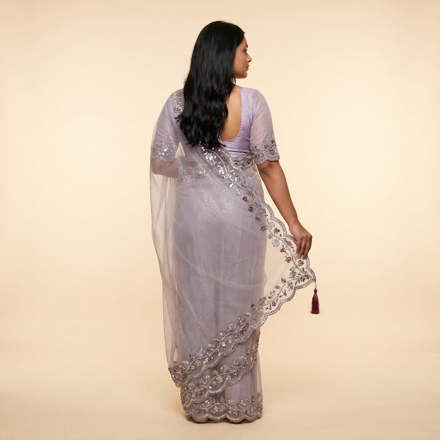 Lavender Elegance Net Shimmer Saree on model - back
