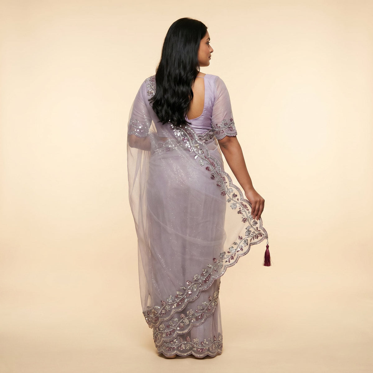 Lavender Elegance Net Shimmer Saree on model - back