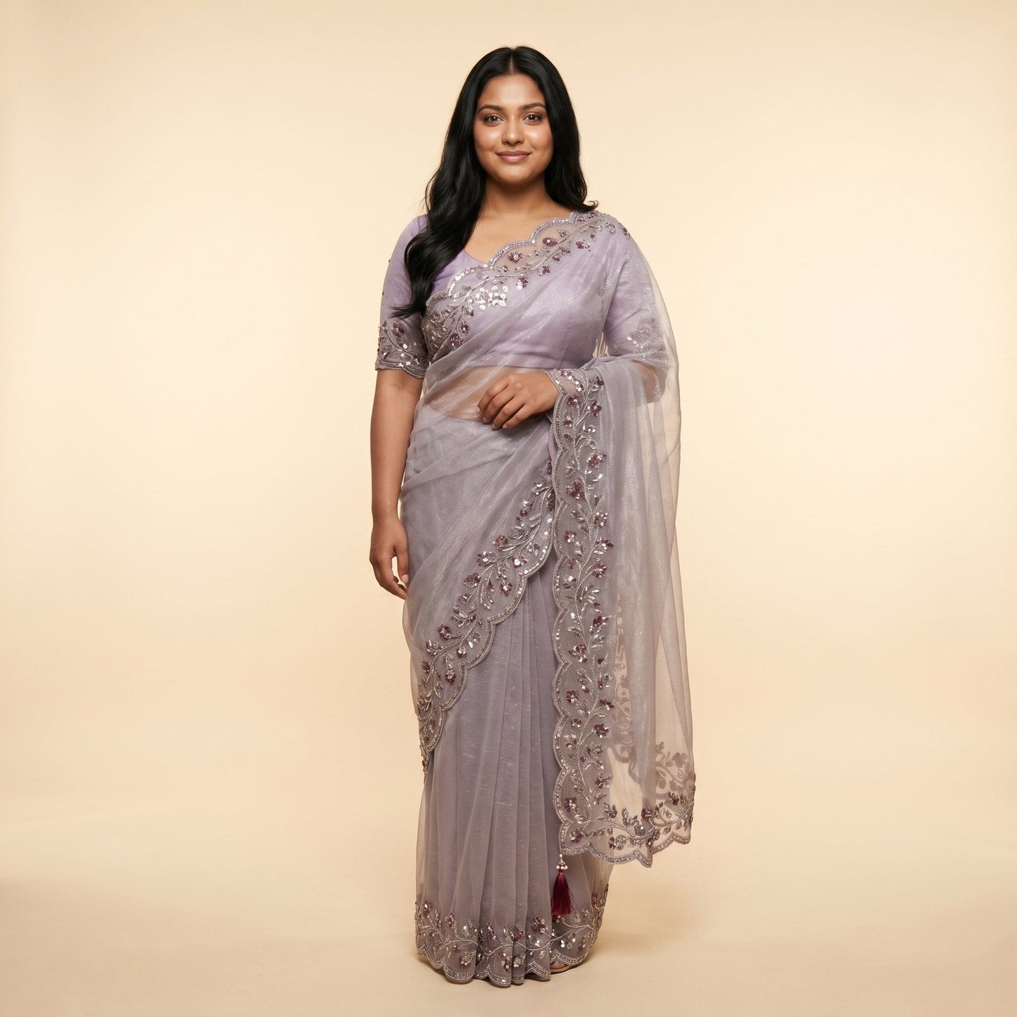 Lavender Elegance Net Shimmer Saree on model - front