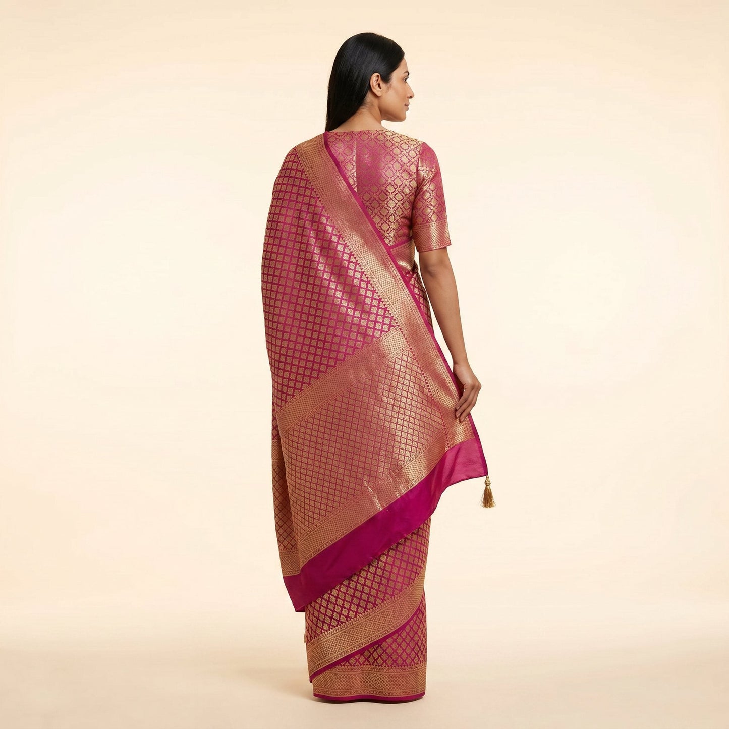 Magenta Pink Banarasi Silk Saree on model - back
