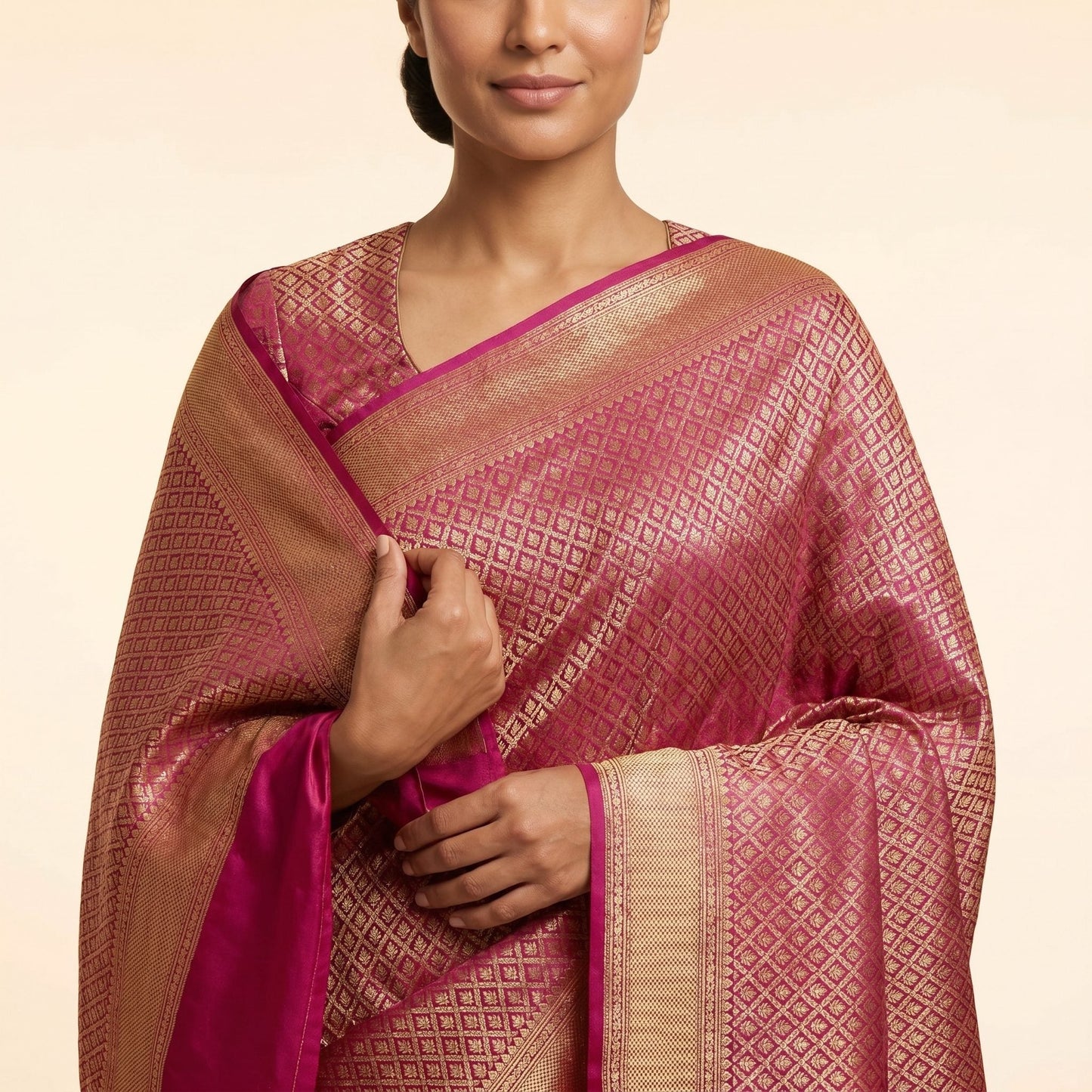 Magenta Pink Banarasi Silk Saree on model - detail