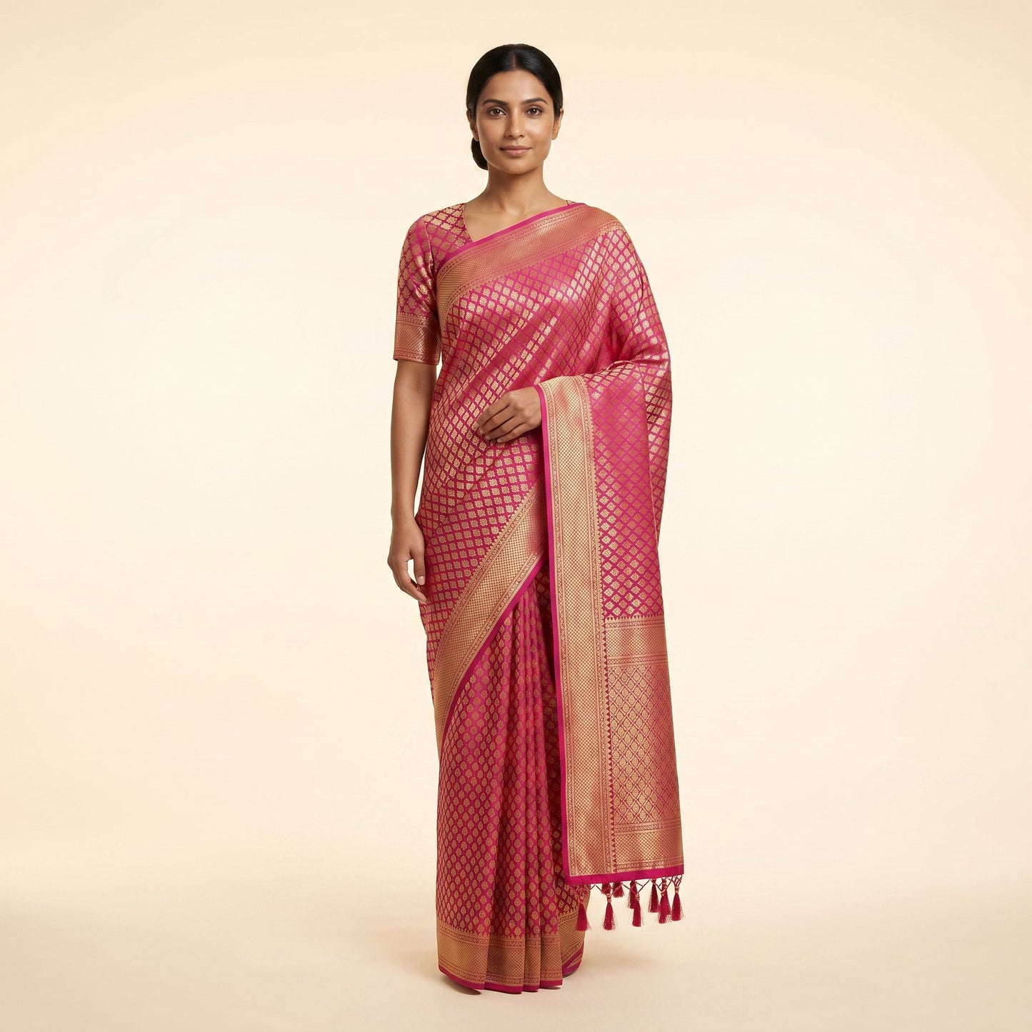 Magenta Pink Banarasi Silk Saree on model - front