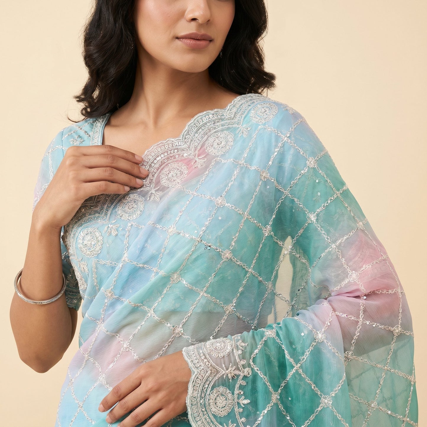 Multicolor Chiffon Elegance Saree on model - detail