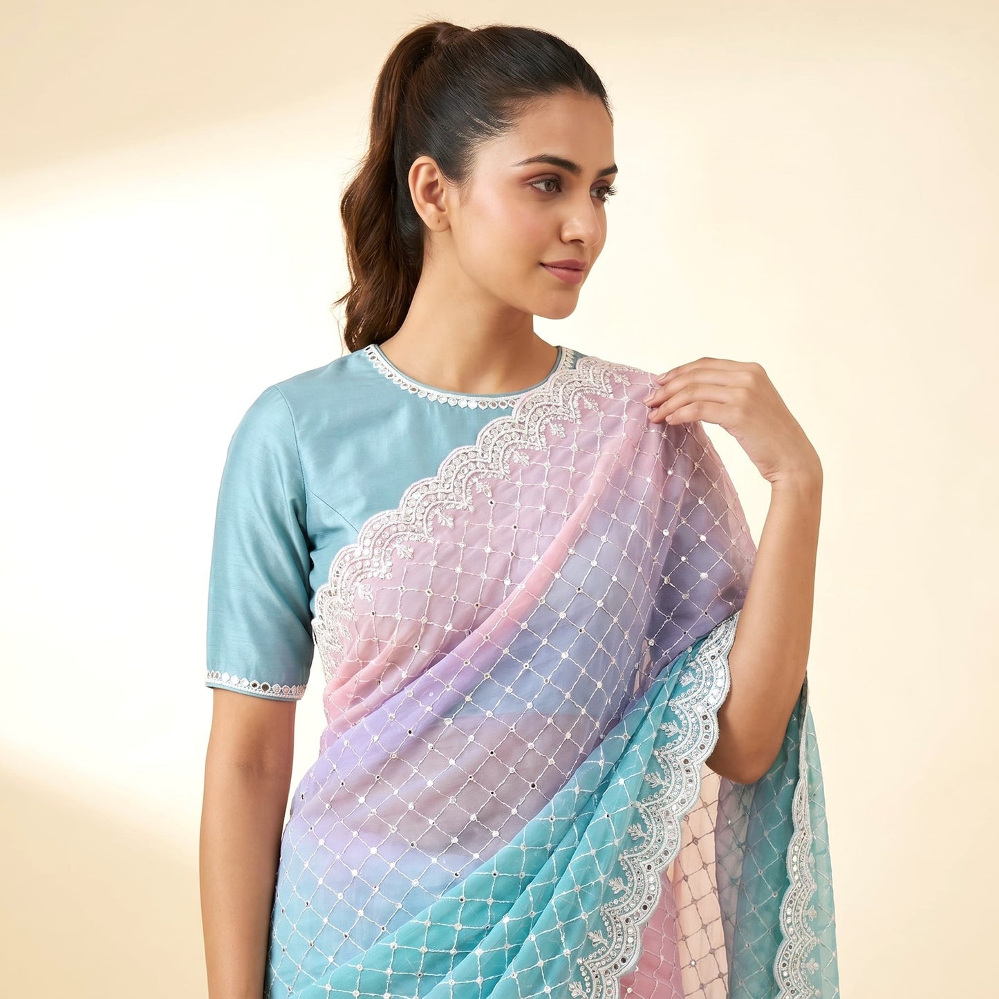 Multicolor Chiffon Elegance Saree on model - detail