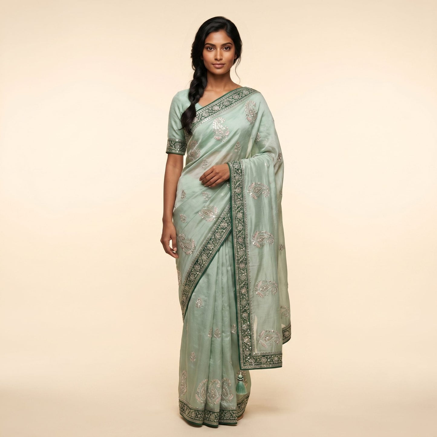 Elegant Mint Green Embroidered Saree on model - detail