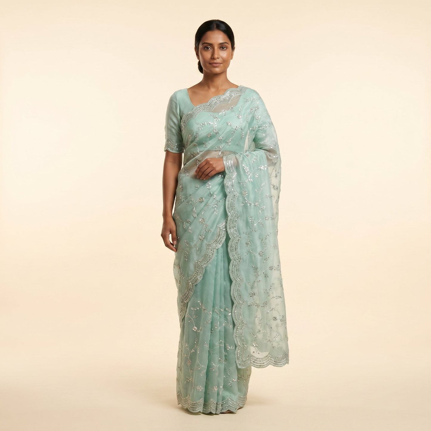 Mint Green Organza Silk Saree on model - front
