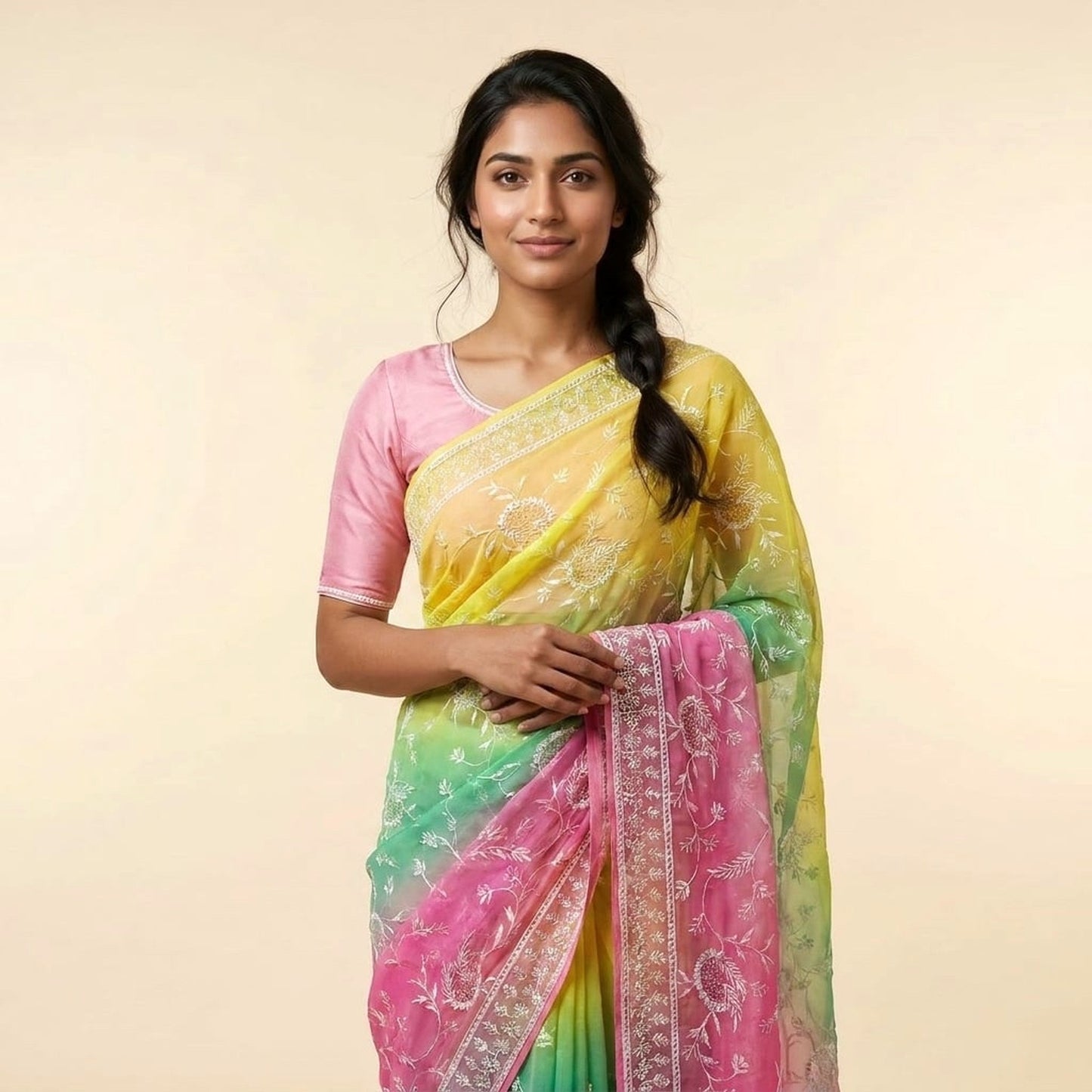 Radiant Multicolor Chiffon Saree on model - front