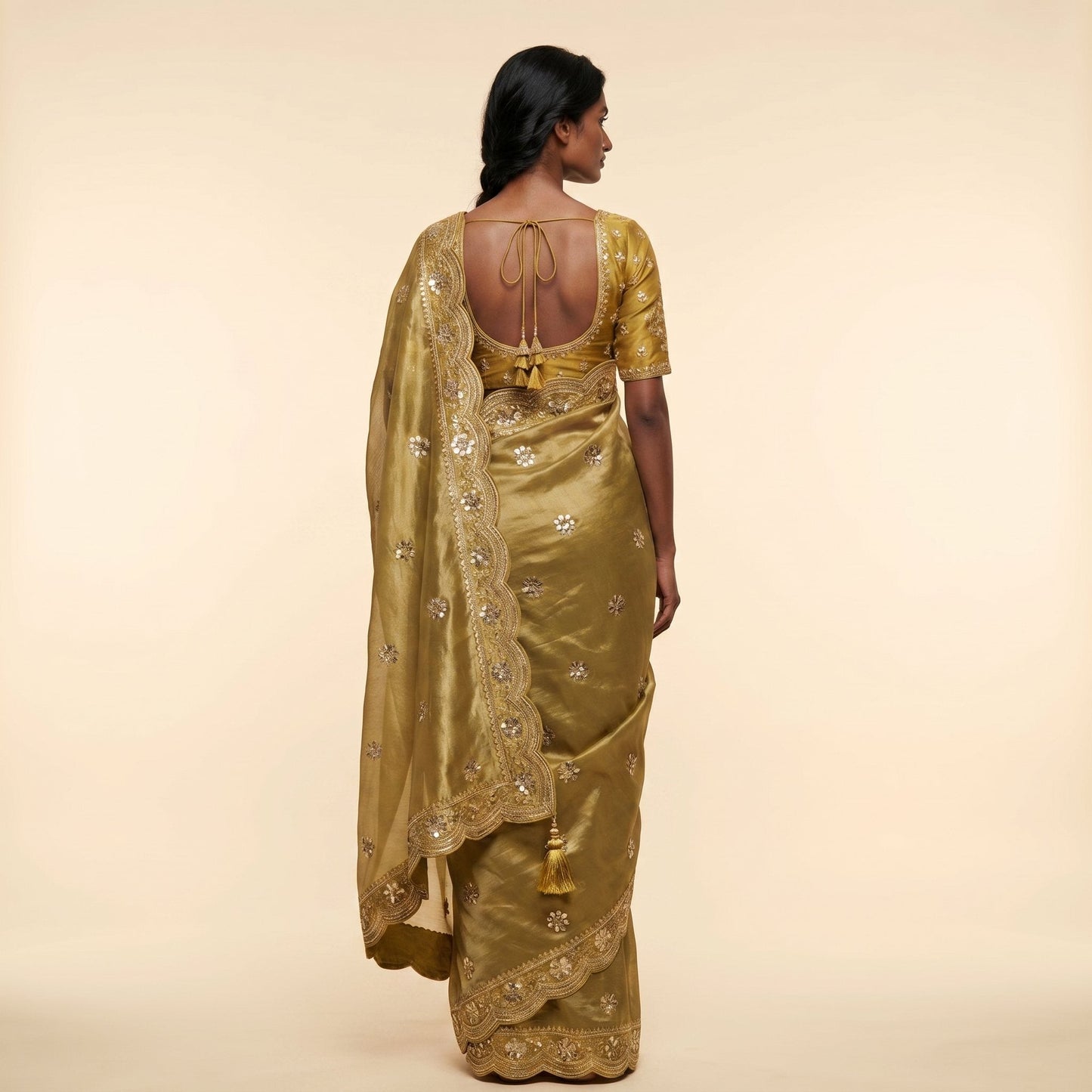 Golden Glow Mustard Tissue Saree on model - back