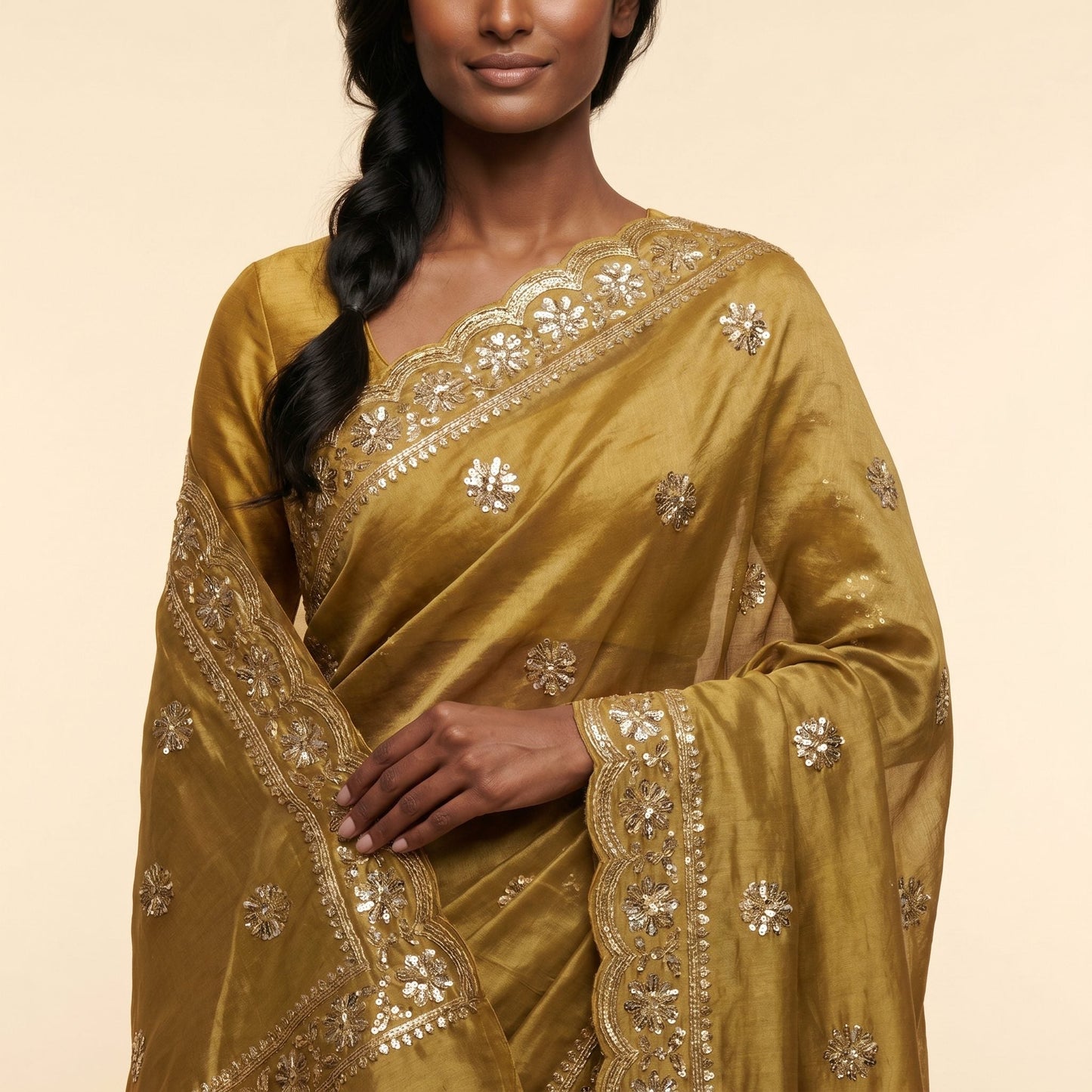 Golden Glow Mustard Tissue Saree on model - detail