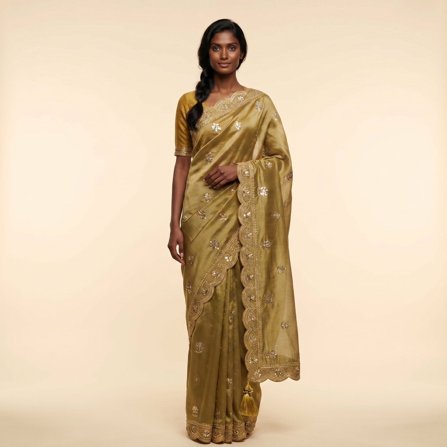 Golden Glow Mustard Tissue Saree on model - front