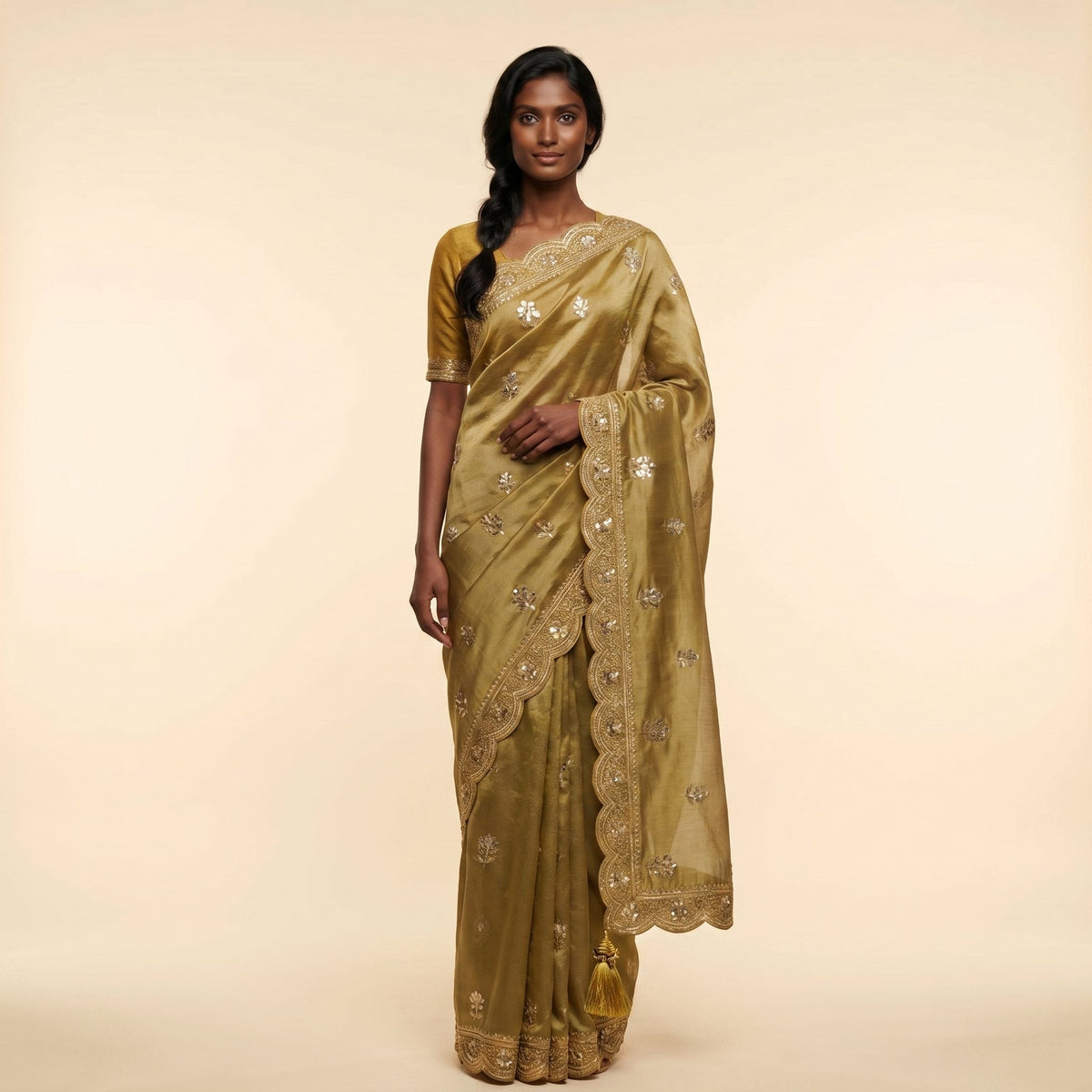 Golden Glow Mustard Tissue Saree on model - front
