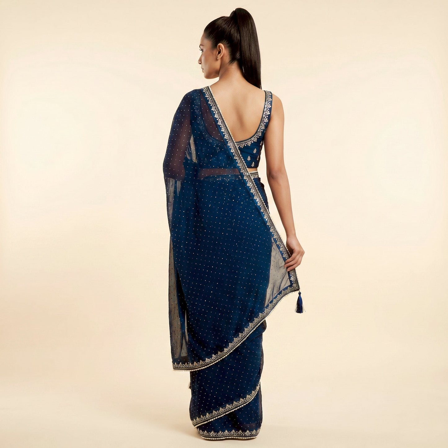 Navy Blue Georgette Saree on model - back
