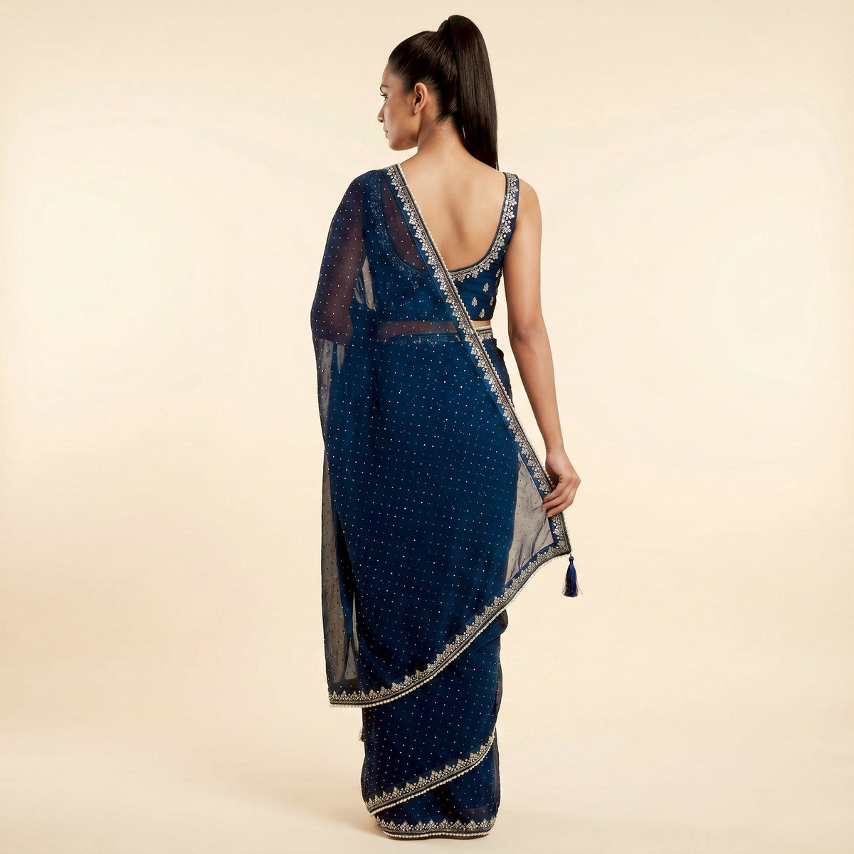 Navy Blue Georgette Saree on model - back