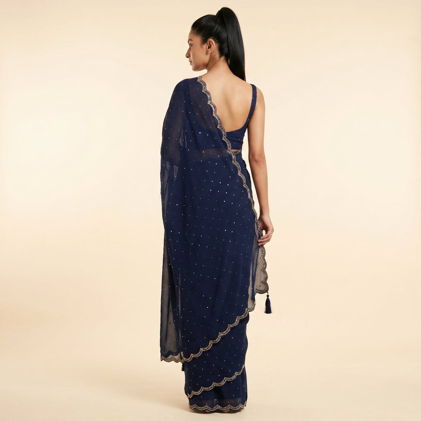 Navy Blue Georgette Saree on model - back