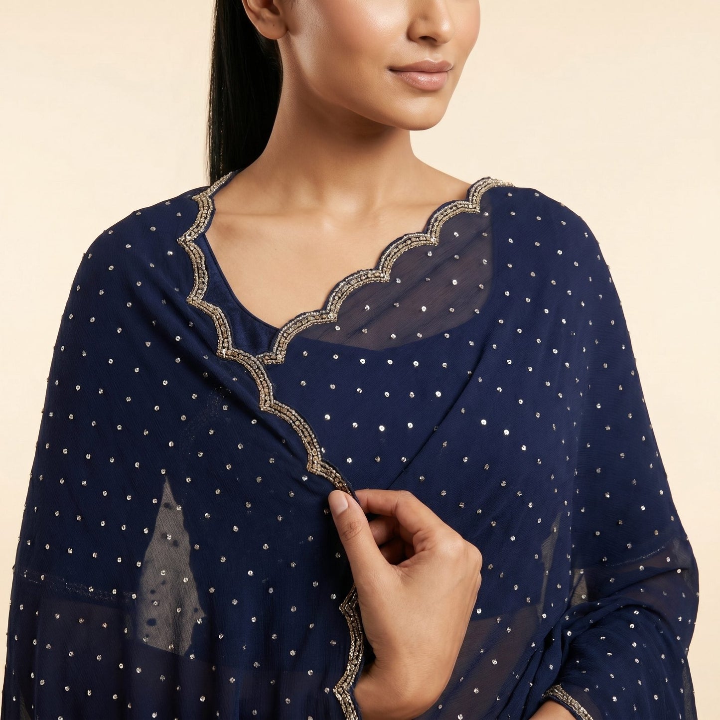 Navy Blue Georgette Saree on model - detail