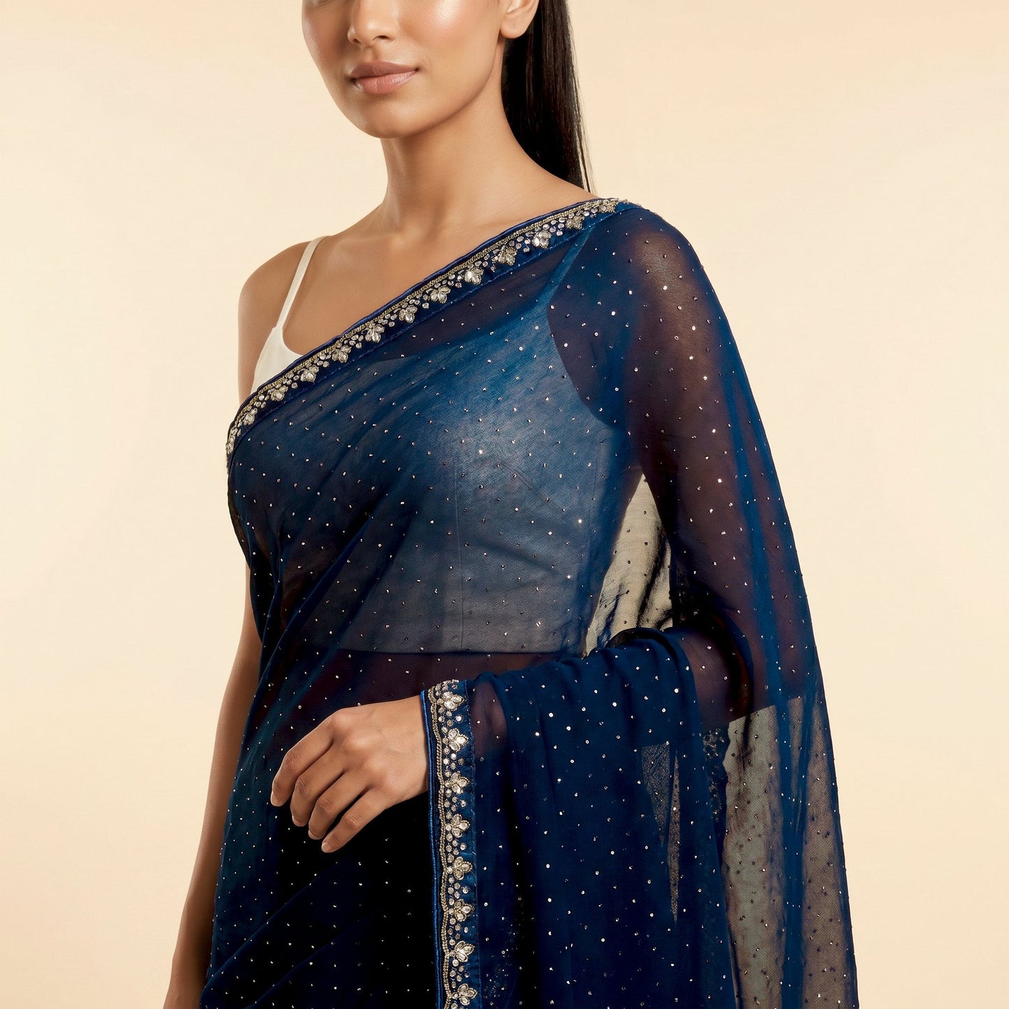 Navy Blue Georgette Saree on model - detail