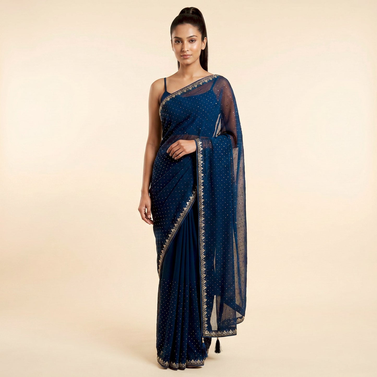 Navy Blue Georgette Saree on model - front
