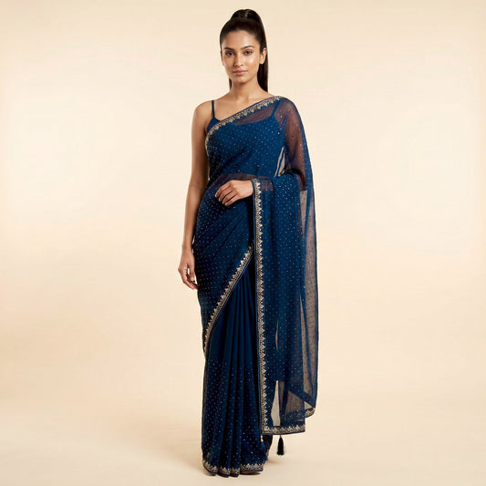Navy Blue Georgette Saree on model - front