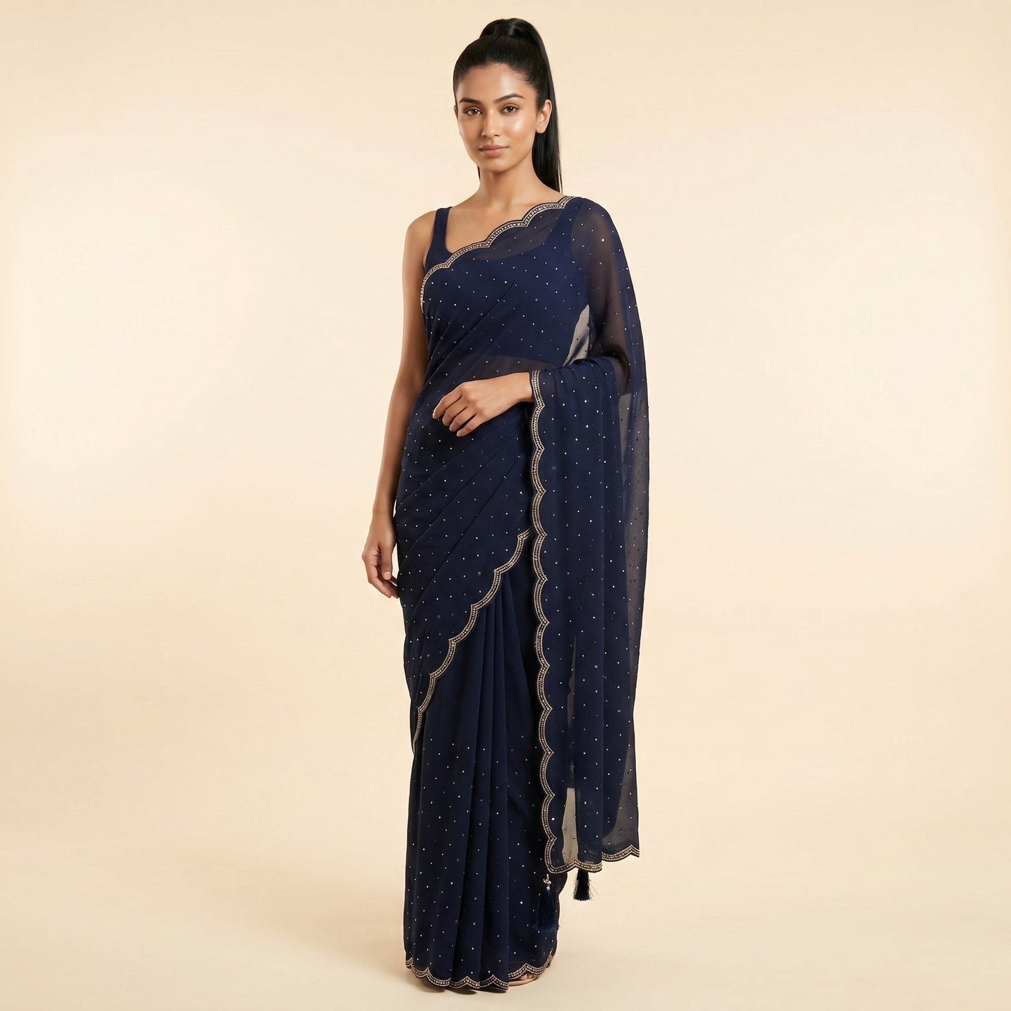 Navy Blue Georgette Saree on model - front