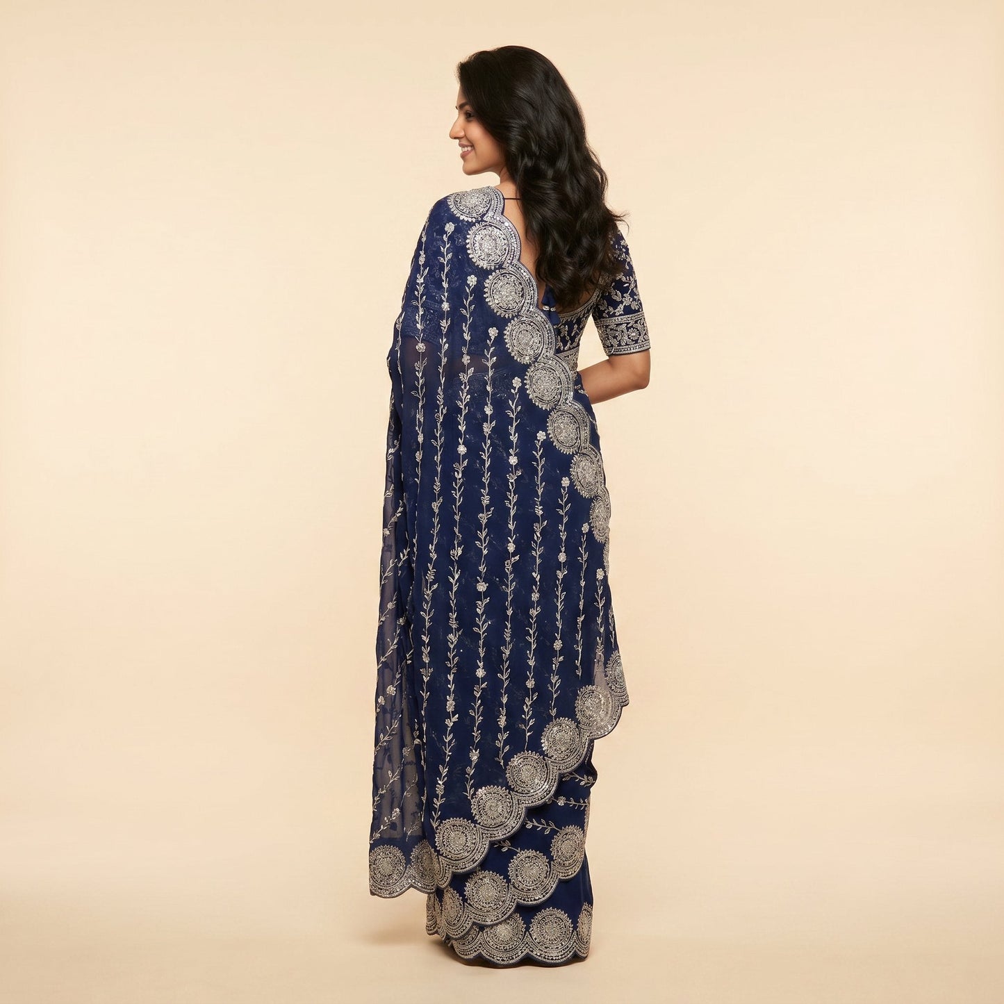 Royal Navy Blue Georgette Saree on model - back