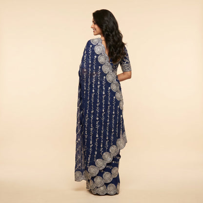 Royal Navy Blue Georgette Saree on model - back