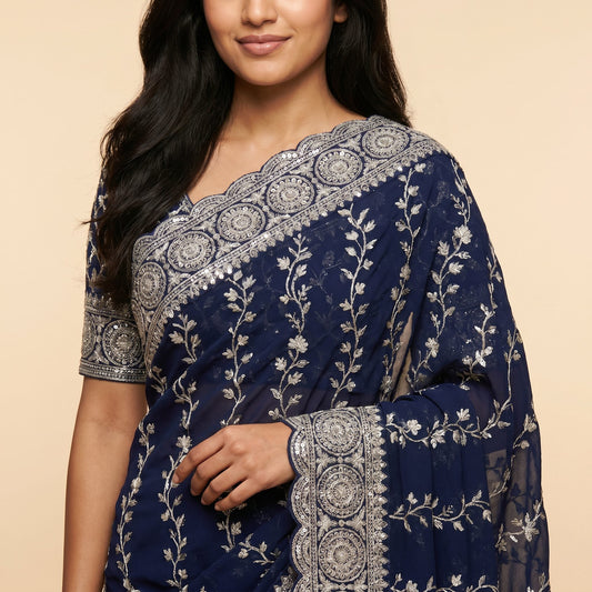 Royal Navy Blue Georgette Saree on model - detail
