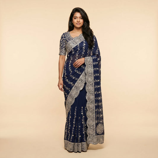 Royal Navy Blue Georgette Saree on model - front