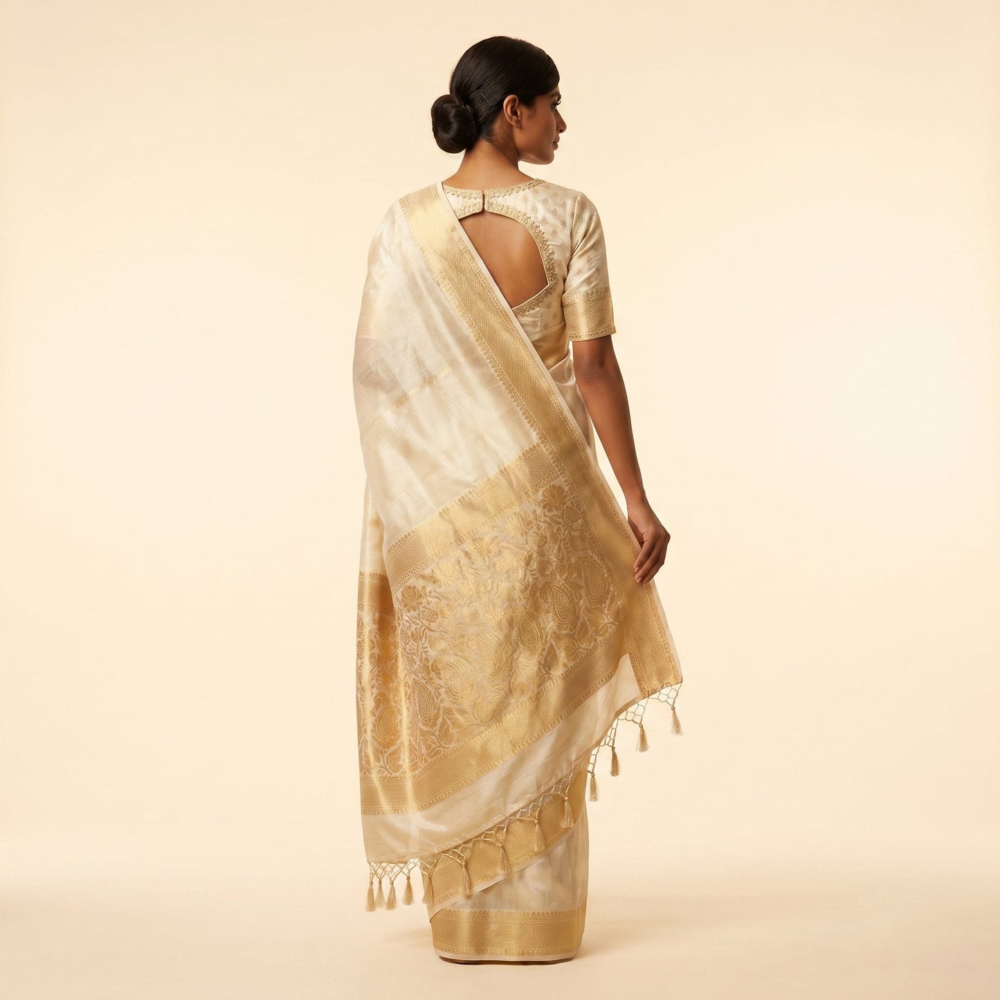 Off-White Silk Saree on model - back