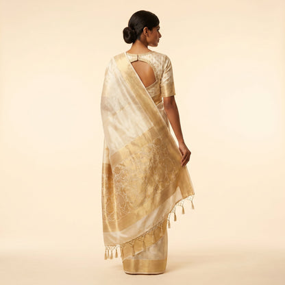 Off-White Silk Saree on model - back