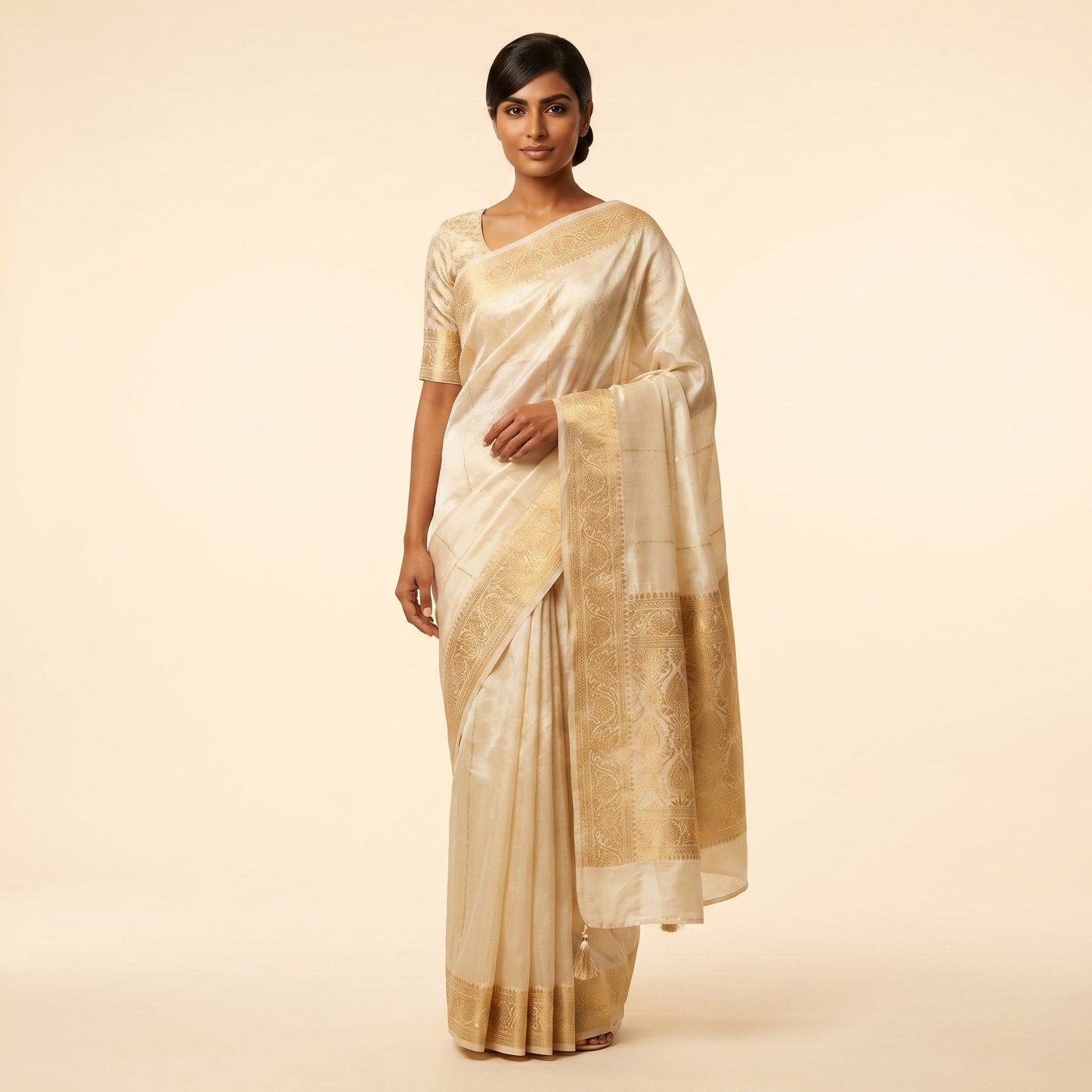 Off-White Silk Saree on model - front