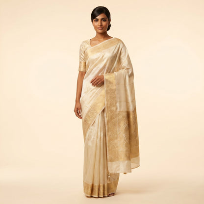 Off-White Silk Saree on model - front