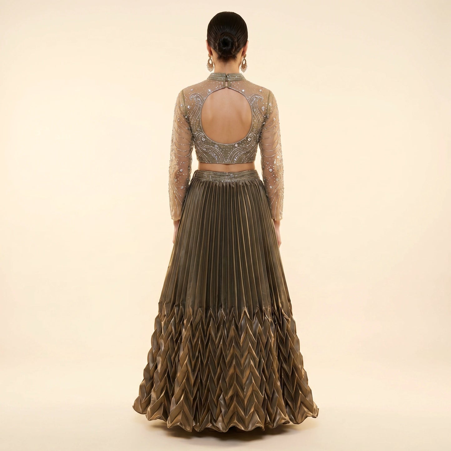 Olive green satin lehenga keyhole back choli, back view — AI-rendered on model, representative image
