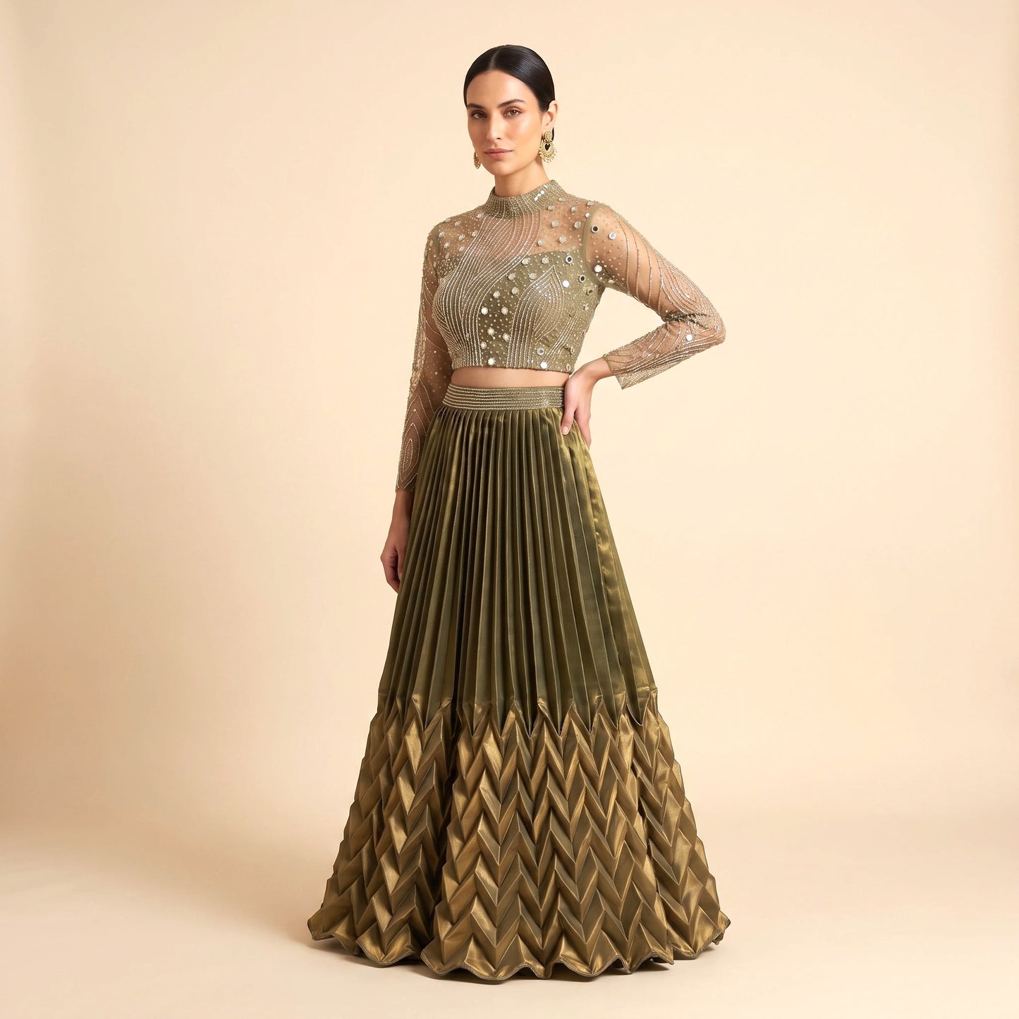 Olive green satin lehenga embroidery detail, three-quarter view — AI-rendered on model, representative image