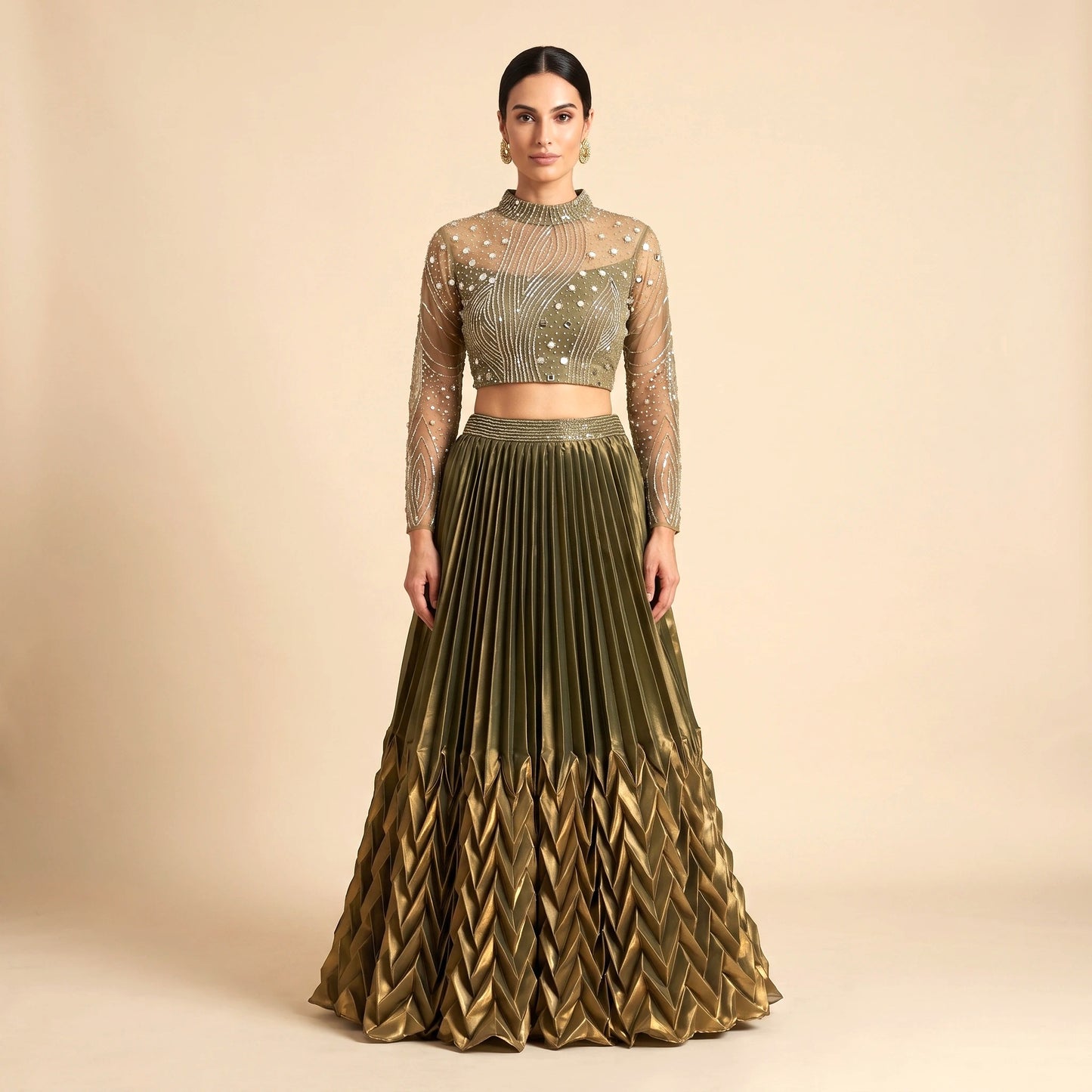 Olive green satin lehenga with sequin mirror embroidered choli, front view — AI-rendered on model, representative image