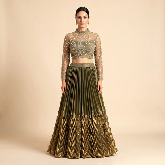 Olive green satin lehenga with sequin mirror embroidered choli, front view — AI-rendered on model, representative image