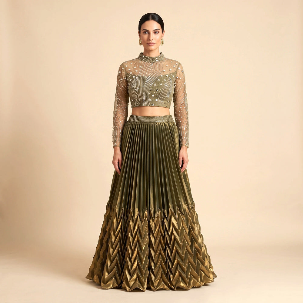 Olive Green Satin Lehenga