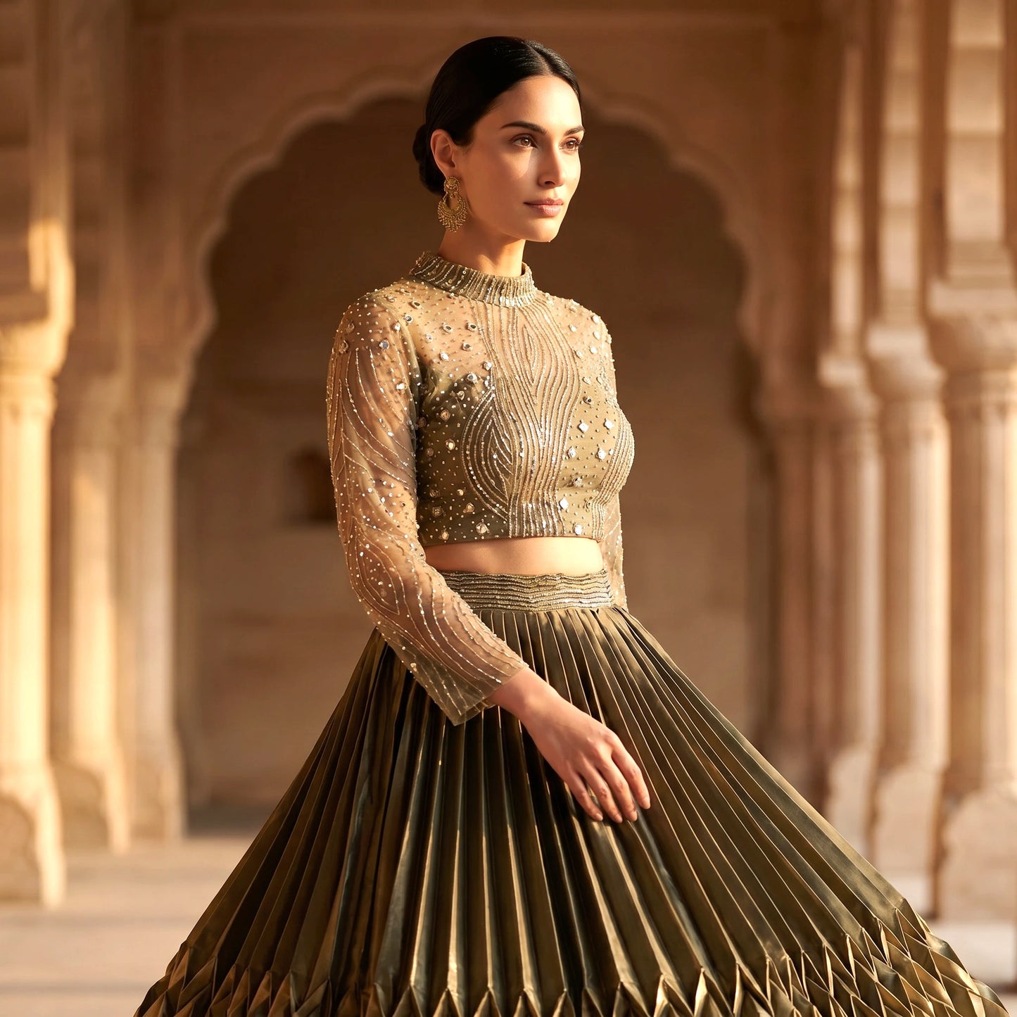 Olive green satin lehenga editorial hero — AI-rendered on model, representative image