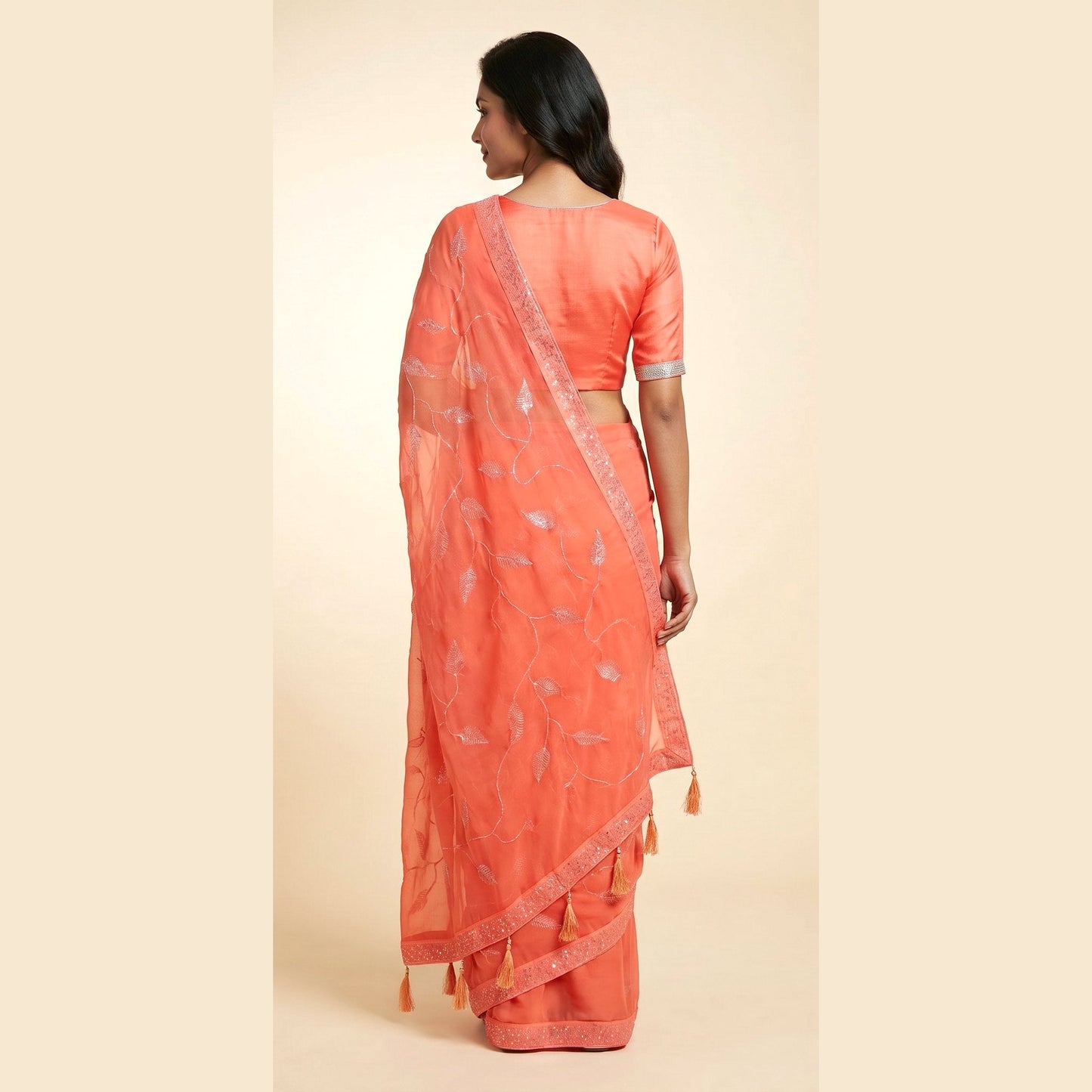 Radiant Orange Chiffon Saree on model - back