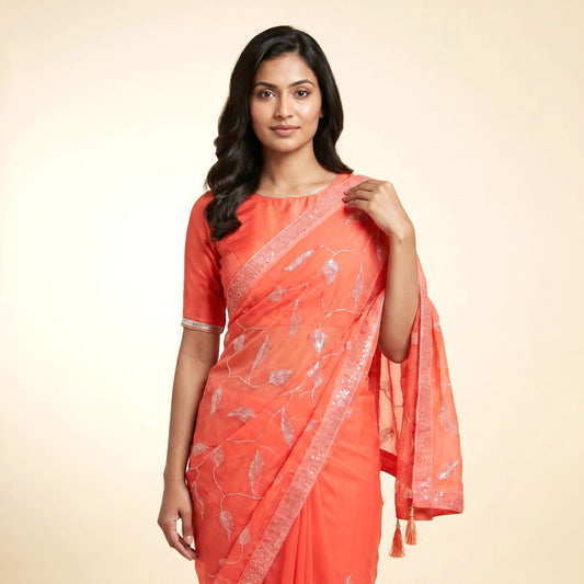 Radiant Orange Chiffon Saree on model - detail