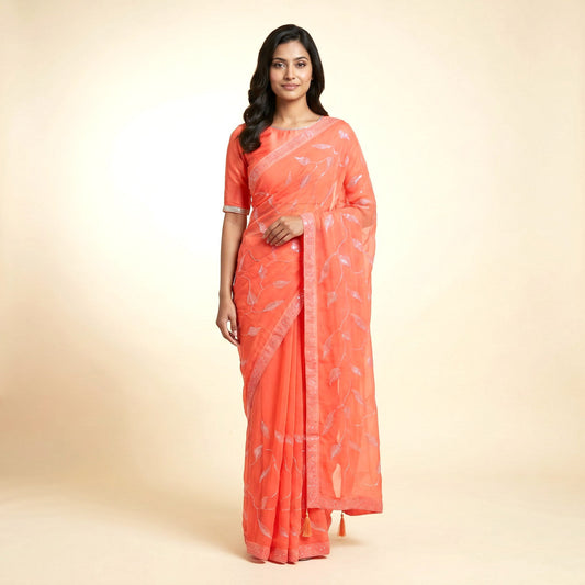 Radiant Orange Chiffon Saree on model - front