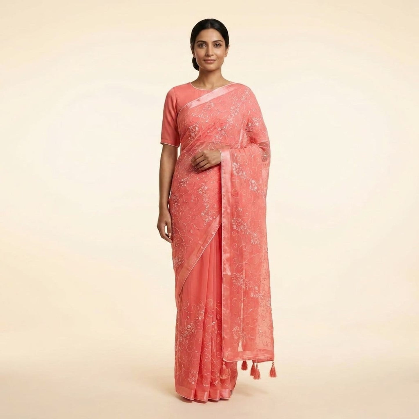 Radiant Orange Chiffon Saree (b) on model - front